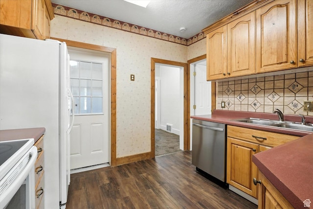 90 W 200 S, Logan, UT 84321 - kitchen featuring stainless steel dishwasher, dark wood-style flooring, backsplash, white electric stove, and a textured ceiling