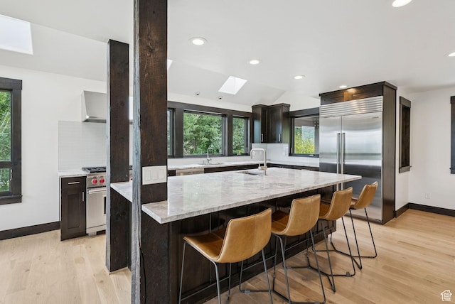 4670 Nelson Ct, Park City, UT 84098 - kitchen featuring high quality appliances, a skylight, decorative backsplash, custom exhaust hood, and recessed lighting