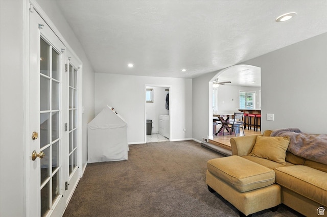 318 W 1300 N, Sunset, UT 84015 - living room featuring carpet floors, recessed lighting, french doors, and ceiling fan