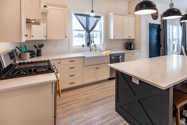 373 W Rendezvous Way N, Garden City, UT 84028 - kitchen with stainless steel appliances, light countertops, decorative light fixtures, light wood-style flooring, and white cabinets