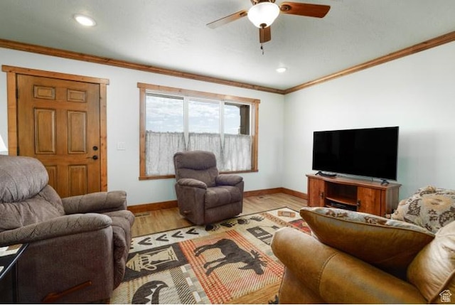 4178 E 5000 S, Vernal, UT 84078 - living room with a ceiling fan, ornamental molding, wood finished floors, and recessed lighting
