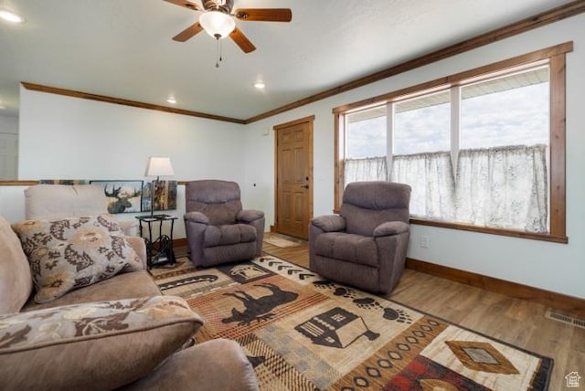 4178 E 5000 S, Vernal, UT 84078 - living room featuring crown molding, ceiling fan, wood finished floors, and recessed lighting
