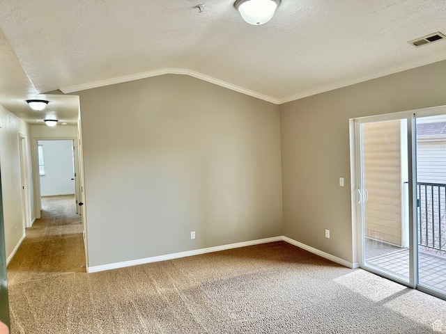 8204 N Cedar Springs Rd E Unit U-12, Eagle Mountain, UT 84005 - spare room featuring carpet flooring, healthy amount of natural light, ornamental molding, a textured ceiling, and lofted ceiling