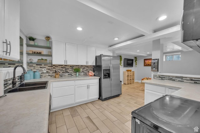 4682 S 475 W, Washington Terrace, UT 84405 - kitchen featuring stainless steel refrigerator with ice dispenser, decorative backsplash, light countertops, open shelves, and recessed lighting