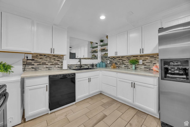 4682 S 475 W, Washington Terrace, UT 84405 - kitchen with stainless steel fridge with ice dispenser, black dishwasher, decorative backsplash, white cabinets, and recessed lighting