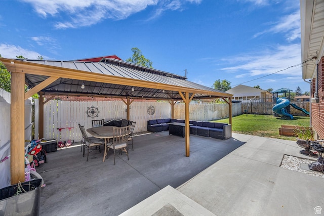 4682 S 475 W, Washington Terrace, UT 84405 - fenced backyard featuring outdoor lounge area, a gazebo, a playground, a patio, and outdoor dining space