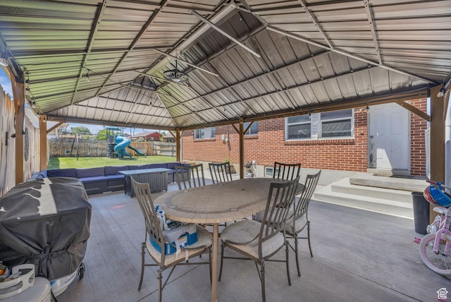 4682 S 475 W, Washington Terrace, UT 84405 - view of patio / terrace featuring a playground, a grill, a gazebo, and outdoor dining space
