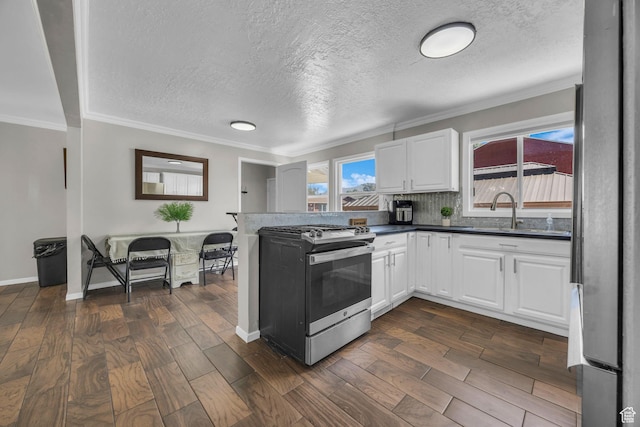 4682 S 475 W, Washington Terrace, UT 84405 - kitchen featuring appliances with stainless steel finishes, white cabinets, crown molding, dark wood finished floors, and decorative backsplash