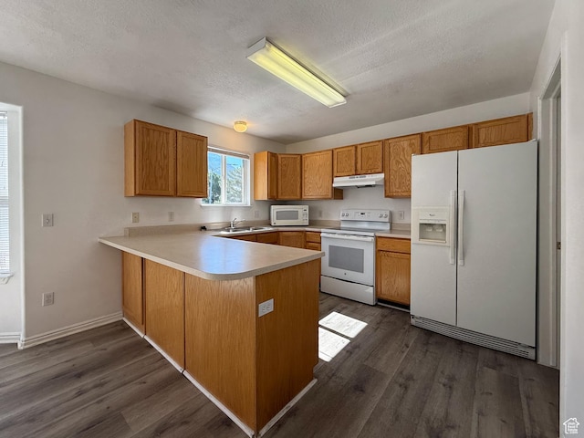 1356 S 1400 E, Provo, UT 84606 - kitchen featuring white appliances, under cabinet range hood, a peninsula, dark wood-style flooring, and light countertops