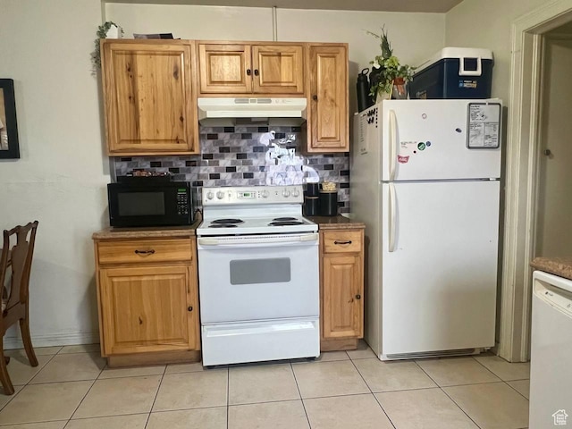 7659 S Lincoln St, Midvale, UT 84047 - kitchen featuring white appliances, under cabinet range hood, backsplash, and light tile patterned floors
