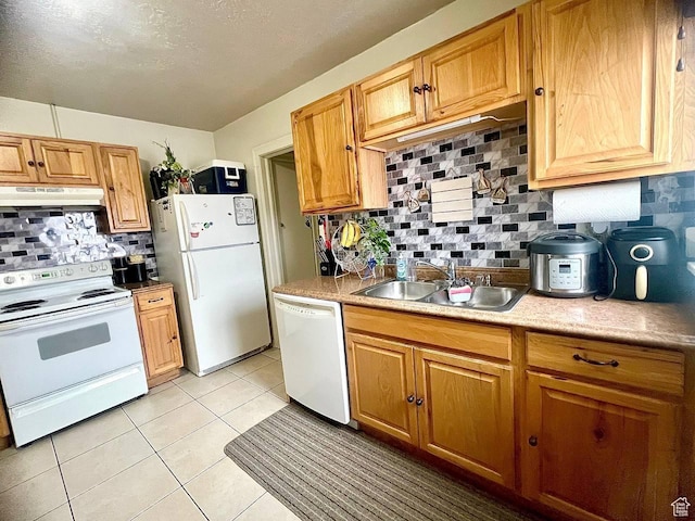 7659 S Lincoln St, Midvale, UT 84047 - kitchen featuring white appliances, under cabinet range hood, tasteful backsplash, light tile patterned floors, and light countertops