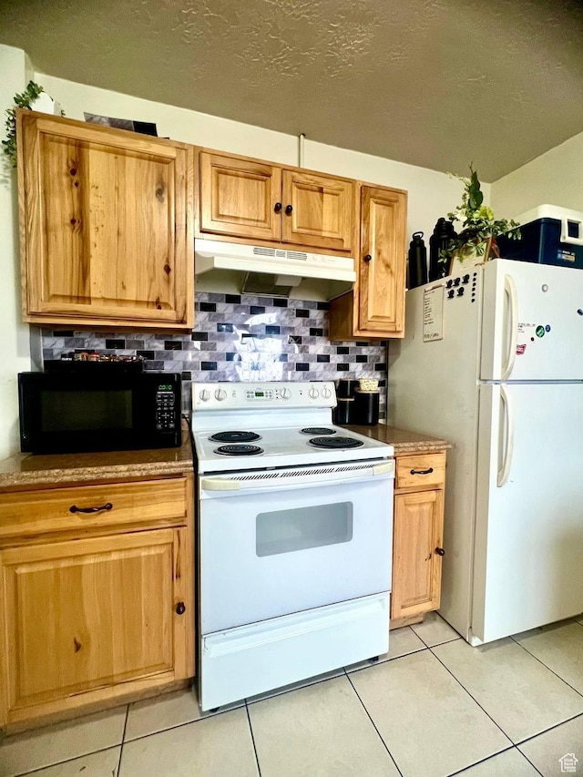 7659 S Lincoln St, Midvale, UT 84047 - kitchen featuring white appliances, under cabinet range hood, tasteful backsplash, light tile patterned flooring, and a textured ceiling
