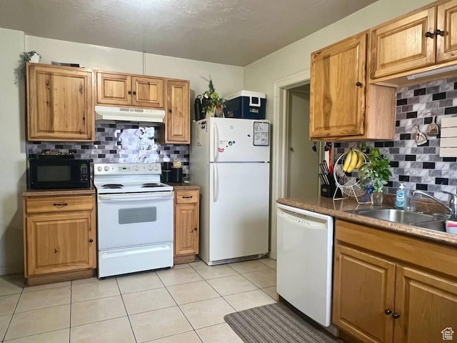 7659 S Lincoln St, Midvale, UT 84047 - kitchen with white appliances, under cabinet range hood, backsplash, and light tile patterned flooring