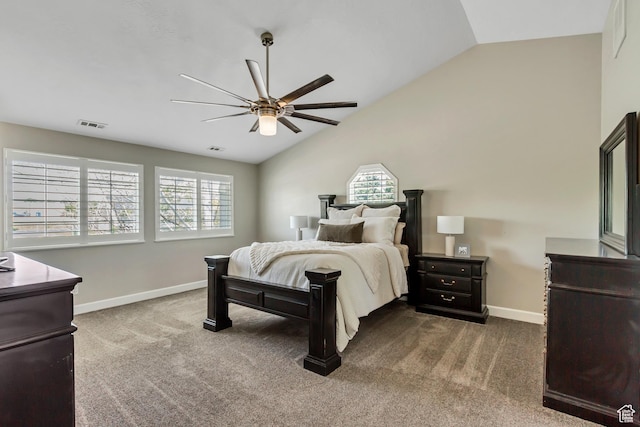 6063 S Kamas Dr W, Taylorsville, UT 84129 - bedroom with vaulted ceiling, multiple windows, carpet, and ceiling fan