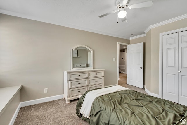 6063 S Kamas Dr W, Taylorsville, UT 84129 - bedroom featuring light carpet, crown molding, ceiling fan, and a closet
