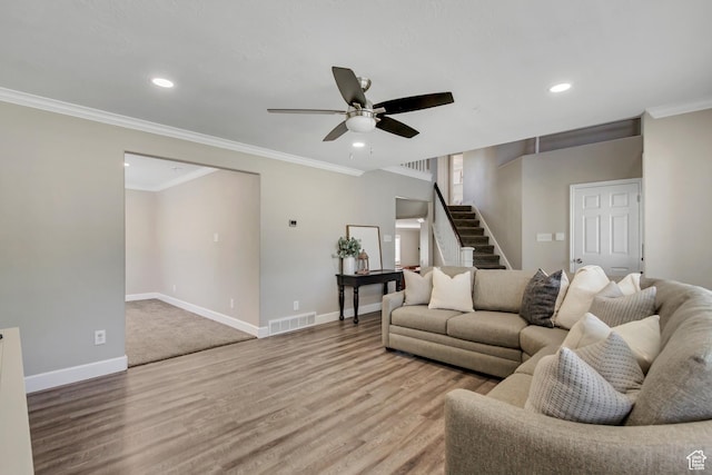6063 S Kamas Dr W, Taylorsville, UT 84129 - living area with a ceiling fan, stairway, crown molding, wood finished floors, and recessed lighting