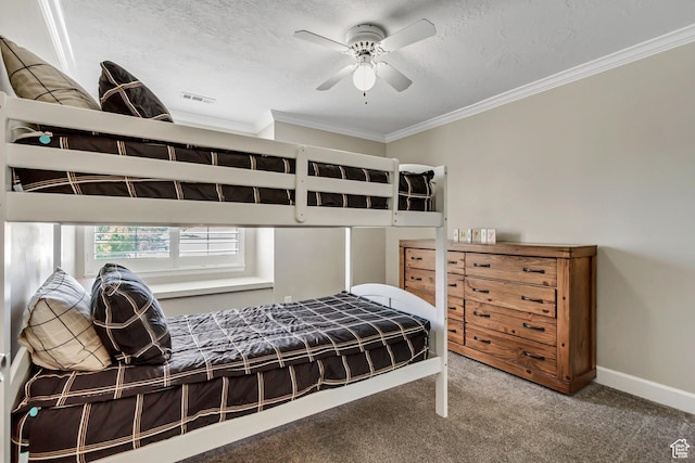 6063 S Kamas Dr W, Taylorsville, UT 84129 - carpeted bedroom featuring crown molding, a textured ceiling, and ceiling fan
