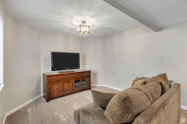 6063 S Kamas Dr W, Taylorsville, UT 84129 - living room with light carpet, beam ceiling, and a chandelier