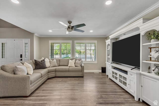 6063 S Kamas Dr W, Taylorsville, UT 84129 - living room with crown molding, ceiling fan, wood finished floors, and recessed lighting