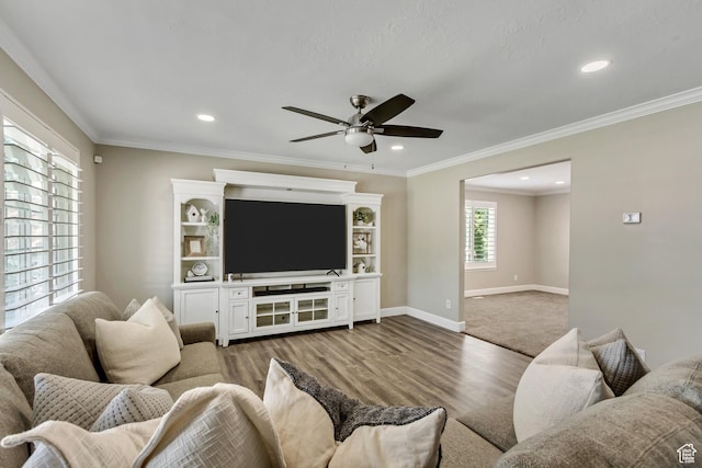 6063 S Kamas Dr W, Taylorsville, UT 84129 - living room with a ceiling fan, recessed lighting, dark wood-style floors, and ornamental molding