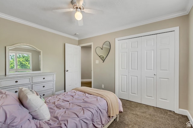 6063 S Kamas Dr W, Taylorsville, UT 84129 - bedroom with ornamental molding, carpet flooring, a closet, and ceiling fan
