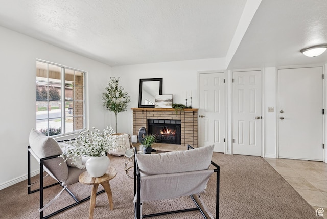 1074 E Spring Ridge Dr, Sandy, UT 84094 - living room featuring a brick fireplace and a textured ceiling