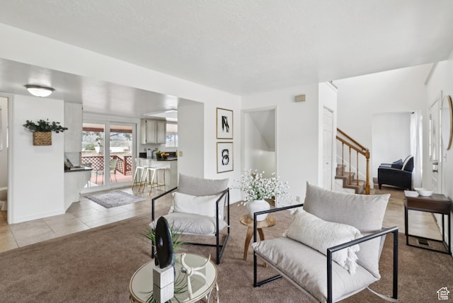 1074 E Spring Ridge Dr, Sandy, UT 84094 - living room featuring stairway, light colored carpet, and light tile patterned floors