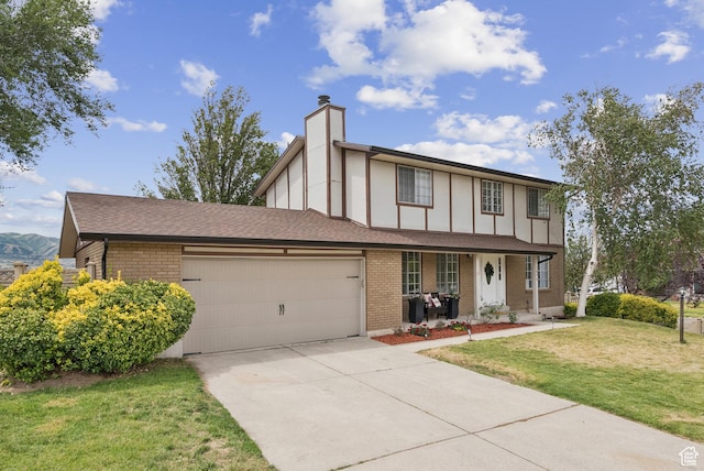 1074 E Spring Ridge Dr, Sandy, UT 84094 - english style home featuring covered porch, an attached garage, a chimney, a front lawn, and driveway
