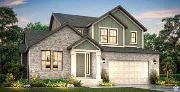 3685 W 2500 N, Lehi, UT 84043 - craftsman inspired home featuring stone siding, an attached garage, driveway, and board and batten siding