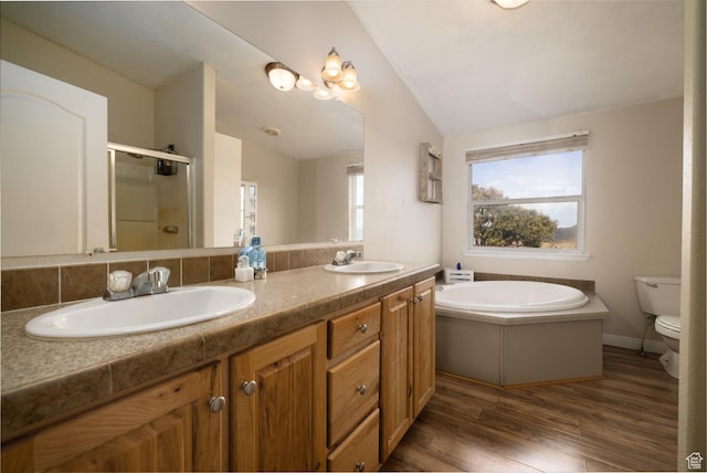 170 S 20300 W, Duchesne, UT 84021 - full bathroom featuring double vanity, a shower stall, a bath, wood finished floors, and lofted ceiling