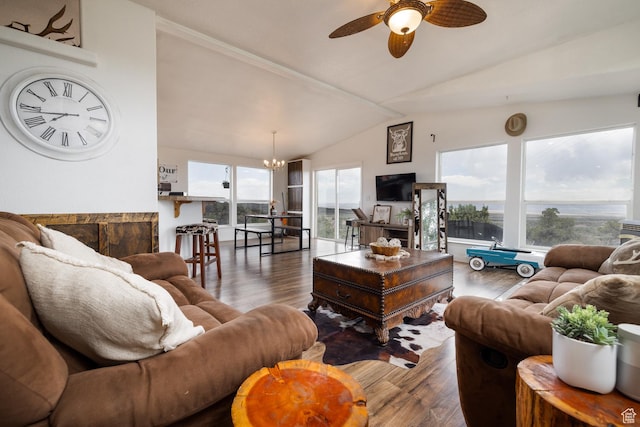 170 S 20300 W, Duchesne, UT 84021 - living area with wood finished floors, a chandelier, vaulted ceiling, and a ceiling fan