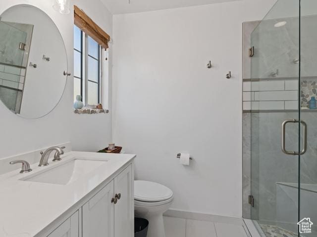 466 E 3460 N, North Ogden, UT 84414 - bathroom with vanity, a stall shower, and tile patterned floors