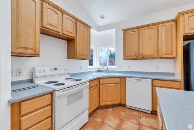 1430 S Heather Ln, Syracuse, UT 84075 - kitchen featuring white appliances, light countertops, vaulted ceiling, light brown cabinetry, and light tile patterned floors
