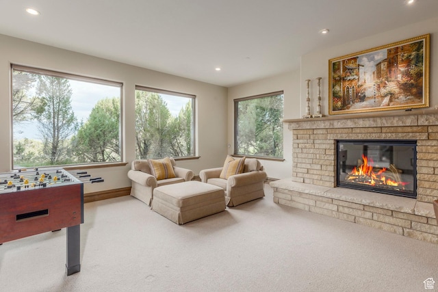 223 N Ibapah Peak Dr, Heber City, UT 84032 - living area featuring carpet flooring, recessed lighting, and a fireplace