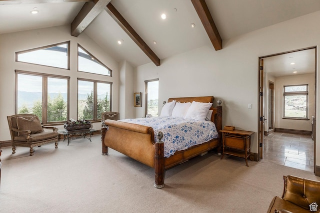 223 N Ibapah Peak Dr, Heber City, UT 84032 - bedroom featuring beamed ceiling, light carpet, recessed lighting, and high vaulted ceiling