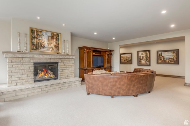 223 N Ibapah Peak Dr, Heber City, UT 84032 - carpeted living area with recessed lighting and a brick fireplace