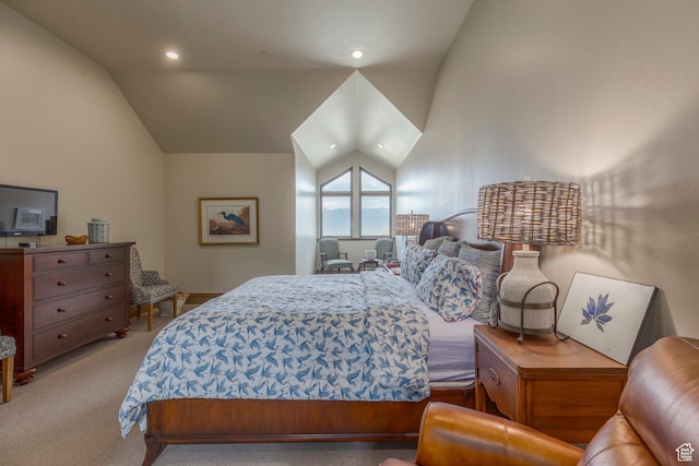 223 N Ibapah Peak Dr, Heber City, UT 84032 - bedroom featuring lofted ceiling, light carpet, and recessed lighting