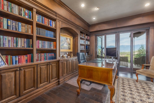 223 N Ibapah Peak Dr, Heber City, UT 84032 - home office featuring crown molding, built in shelves, dark wood-style flooring, and recessed lighting