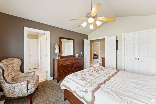 868 W Brandon Dr S, Kaysville, UT 84037 - carpeted bedroom with vaulted ceiling, a closet, and a ceiling fan