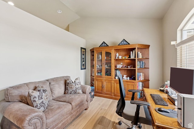 868 W Brandon Dr S, Kaysville, UT 84037 - home office featuring light wood-type flooring, lofted ceiling, and recessed lighting