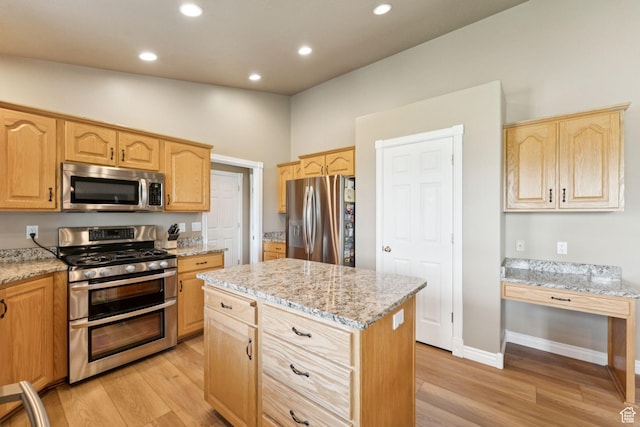 868 W Brandon Dr S, Kaysville, UT 84037 - kitchen featuring appliances with stainless steel finishes, light brown cabinets, light wood-style flooring, and recessed lighting