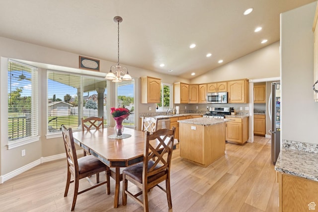 868 W Brandon Dr S, Kaysville, UT 84037 - dining room with light wood-type flooring, recessed lighting, a chandelier, and vaulted ceiling