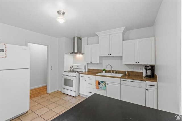 777 E 2nd Ave Unit 3, Salt Lake City, UT 84103 - kitchen featuring white appliances, wall chimney range hood, dark countertops, and white cabinets