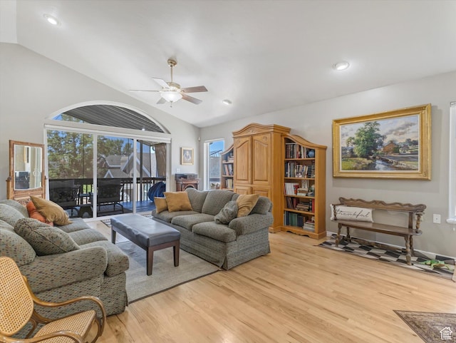 2287 N 470 E, Provo, UT 84604 - living room with vaulted ceiling, a ceiling fan, light wood-style flooring, and recessed lighting