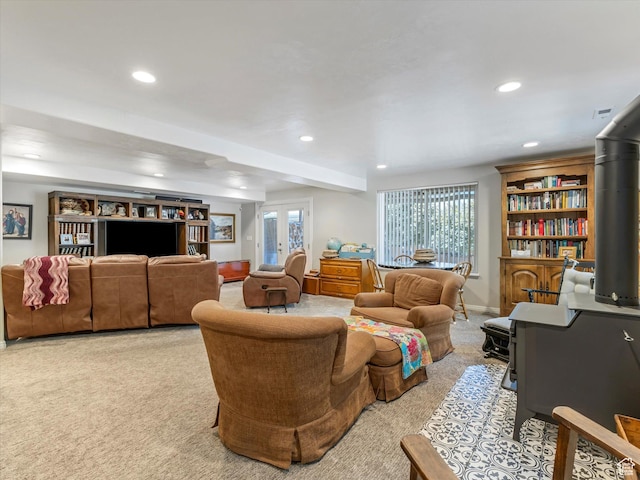 2287 N 470 E, Provo, UT 84604 - carpeted living room featuring recessed lighting and a wood stove