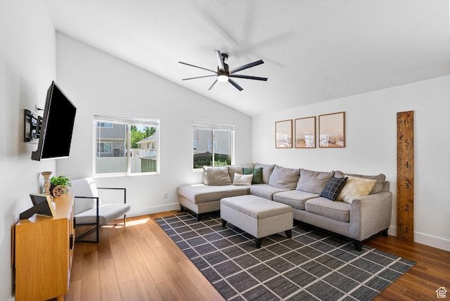 2344 E 1120 S, Spanish Fork, UT 84660 - living area with lofted ceiling, ceiling fan, and dark wood-style floors