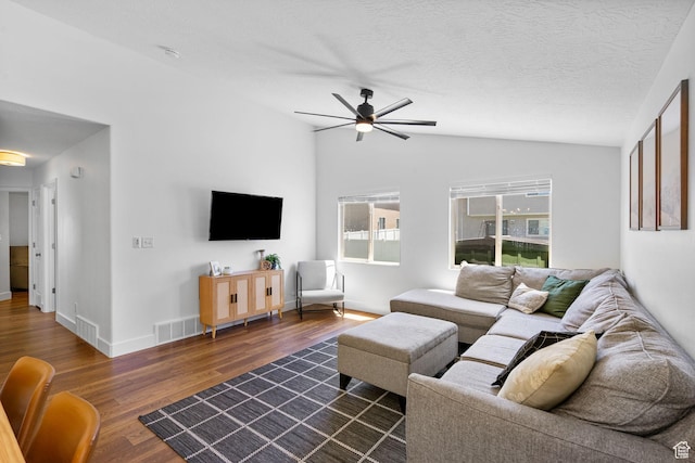 2344 E 1120 S, Spanish Fork, UT 84660 - living area featuring lofted ceiling, a ceiling fan, and dark wood-style flooring