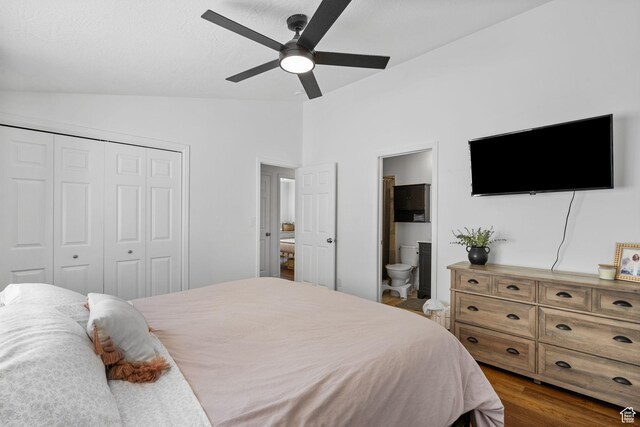 2344 E 1120 S, Spanish Fork, UT 84660 - bedroom featuring lofted ceiling, a closet, dark wood-style flooring, ceiling fan, and connected bathroom
