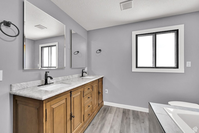 5577 W 4000 S, Hooper, UT 84315 - bathroom featuring double vanity, wood finished floors, a bath, and a textured ceiling