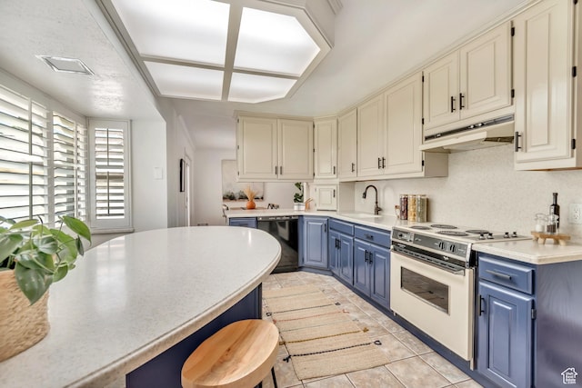 4269 S Vegas Way E, Holladay, UT 84124 - kitchen with blue cabinets, electric stove, under cabinet range hood, black dishwasher, and light countertops